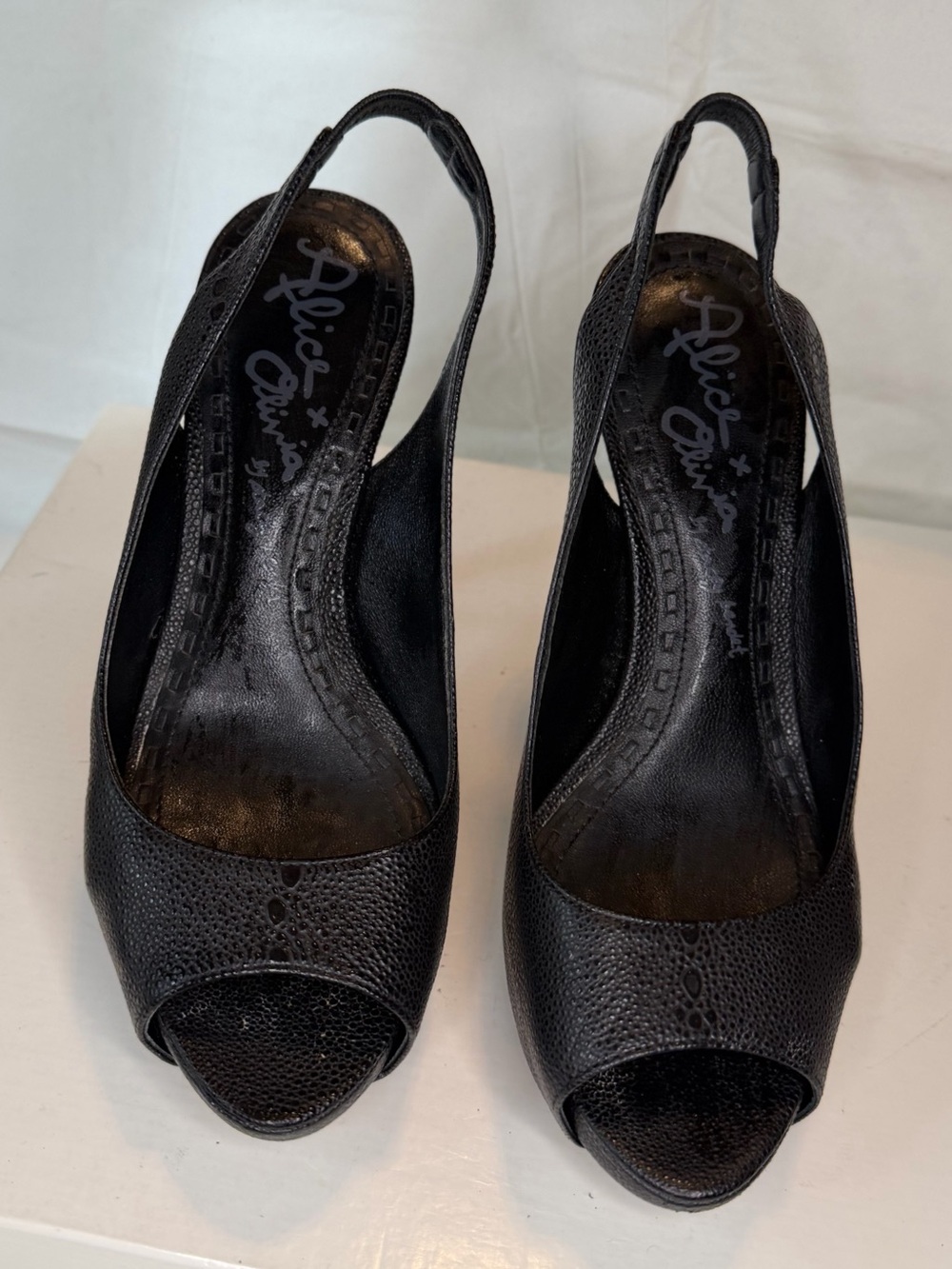 Alice + Olivia Black Peep-Toe Slingback Heels
